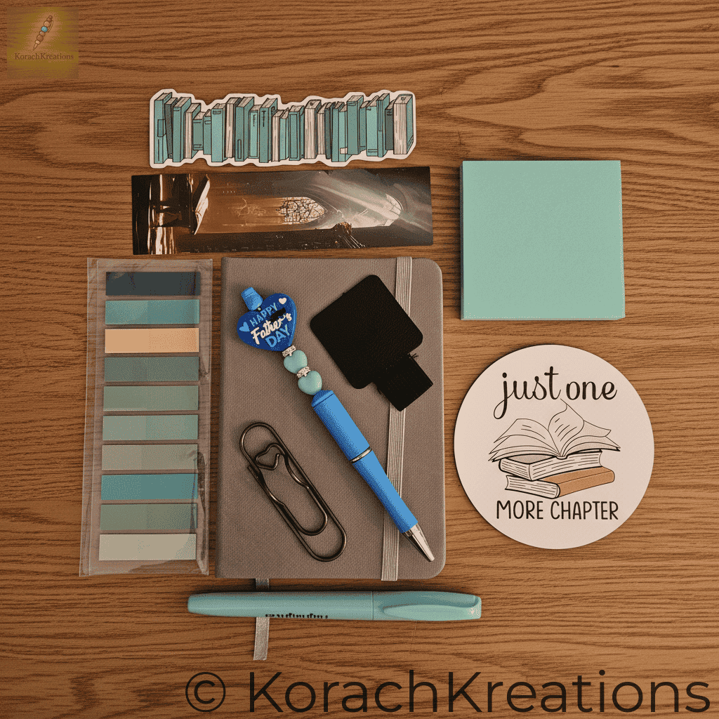 Overhead flat lay of Father's Day gift bundle arranged on a wooden desk with warm natural lighting