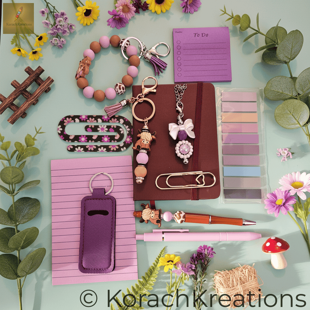 Fun and playful lifestyle photo of Highland Cow bundle surrounded by flowers and rustic farm elements with bright cheerful lighting