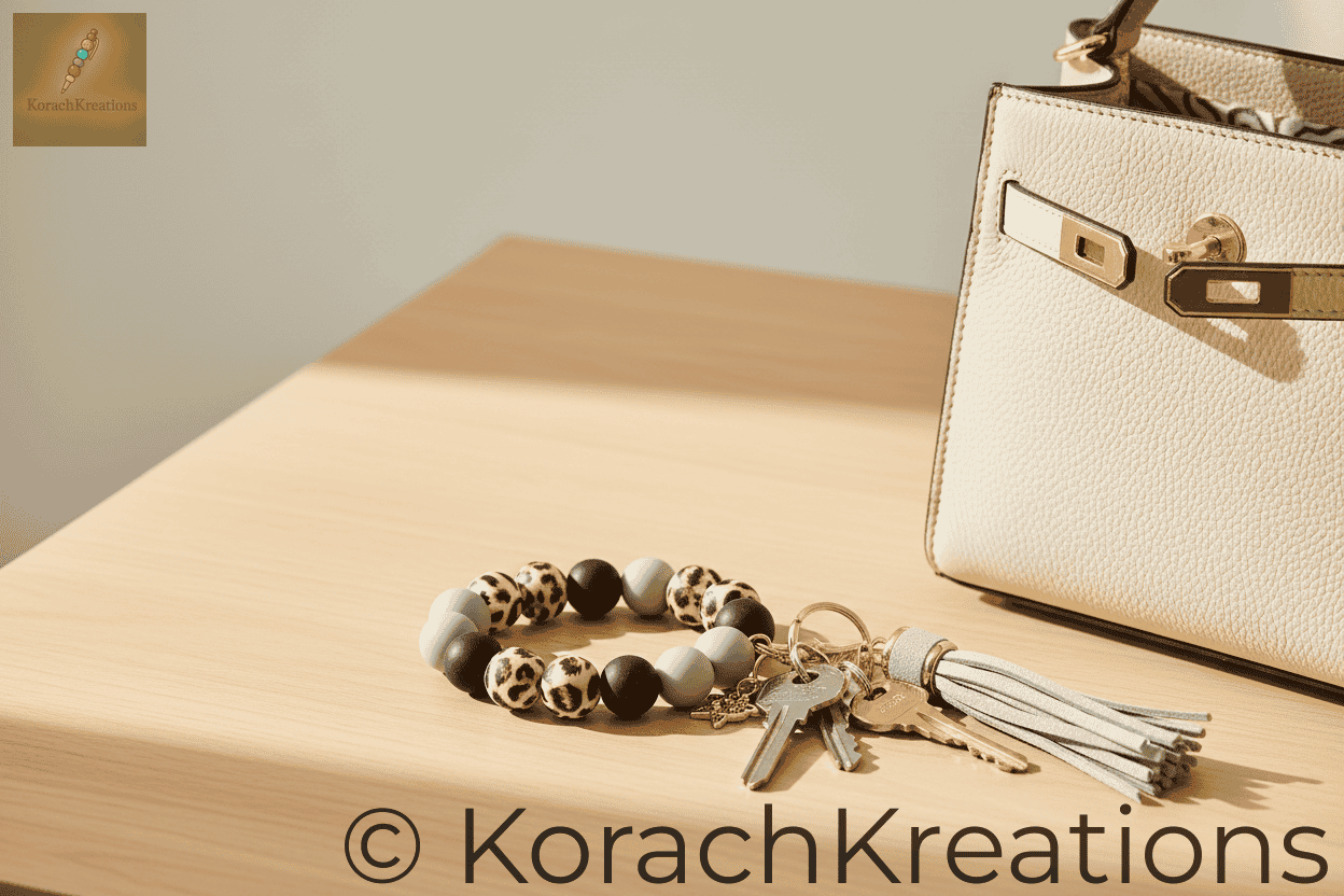 Beaded wristlet keychain with keys attached placed on a table next to a stylish handbag, warm natural lighting