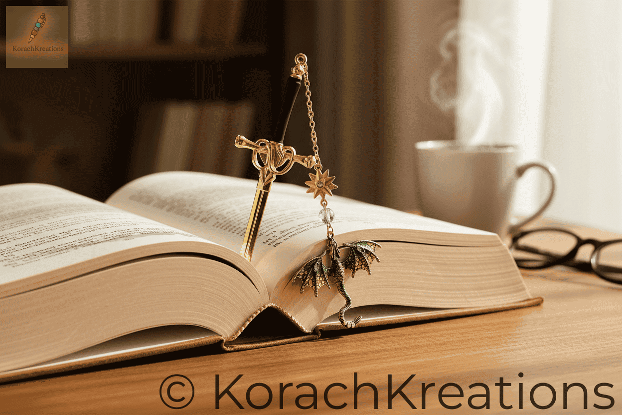 Dragon sword bookmark tucked into an open book with the dragon hanging over the edge and sword clearly visible